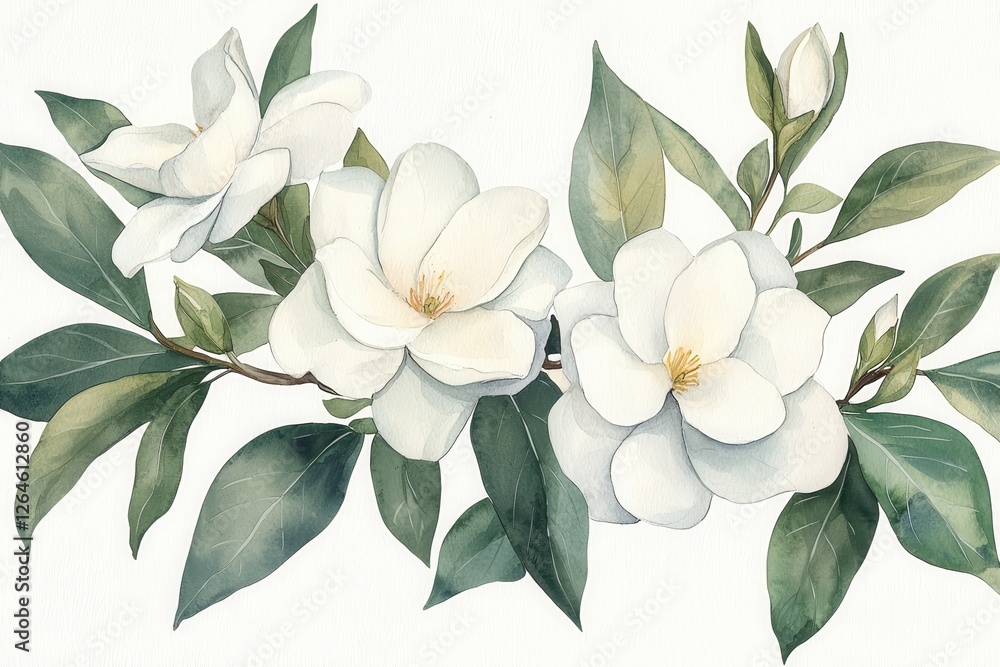 Delicate magnolia blossoms botanical illustration floral art light background aesthetic viewpoint Delicate magnolia blossoms botanical illustration floral art light background aesthetic viewpoint