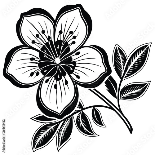 Bold floral artwork with a black and white theme, showcasing detailed line patterns and dots, suitable for various design applications.