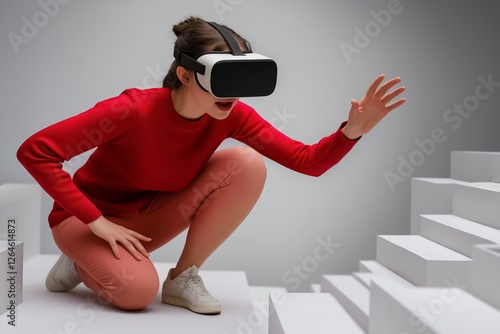 A person wearing VR glasses, dramatically crouching as if sneaking through a virtual maze, on plain background