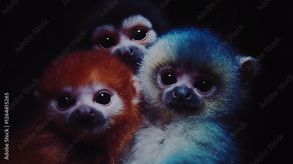 Trio of Adorable Baby Monkeys with Endearing Gazes and Diverse Fur Hues in Shadowy Ambiance Setting Trio of Adorable Baby Monkeys with Endearing Gazes and Diverse Fur Hues in Shadowy Ambiance Setting
