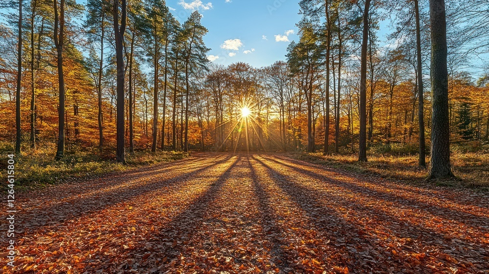 Fototapeta premium Autumnal Forest Path at Sunset: A Serene Landscape