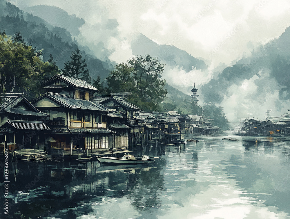 Fototapeta premium Interesting drawing. traditional Japanese landscape, with lots of Japanese symbols. Generative Ai