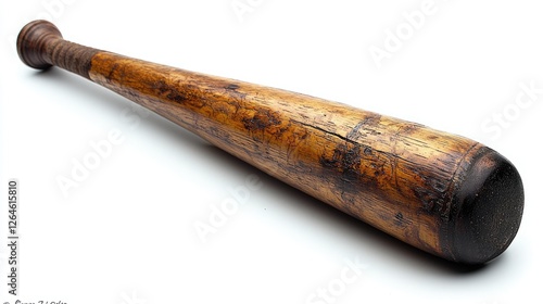 Vintage wooden baseball bat resting on a white surface, showcasing its unique grain and texture