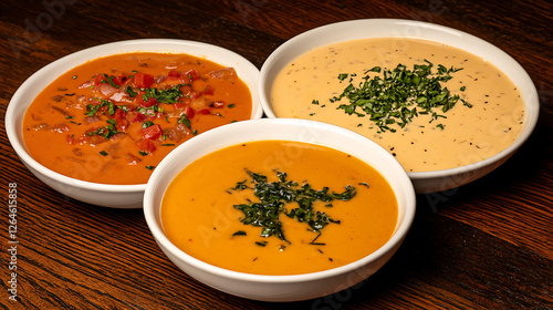 Trio of Creamy Soups Displayed on a Rustic Wooden Table Top Culinary Delights Showcase