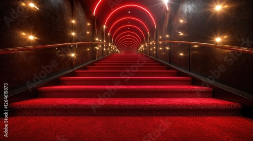 Elegant staircase illuminated by vibrant red lights and glowing bulbs, creating a dramatic atmosphere