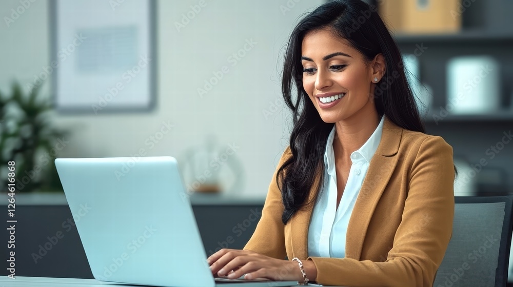 A businesswoman typing on her laptop, embracing a productive workday. A businesswoman typing on her laptop, embracing a productive workday.