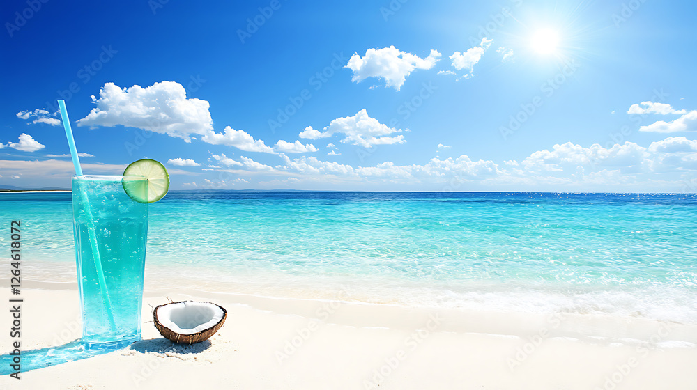 Tropical Beach Bliss with Refreshing Blue Cocktail and Coconut Paradise Escape Under Azure Sky Tropical Beach Bliss with Refreshing Blue Cocktail and Coconut Paradise Escape Under Azure Sky