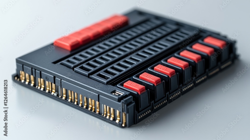 Close-up of a Modern Technological Device with Red and Black Components Close-up of a Modern Technological Device with Red and Black Components
