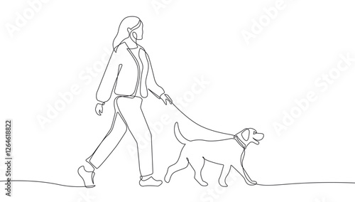 Woman with Dog Walking Together Continuous One Line Drawing. Woman and Dog One Line Vector Illustration. Minimal Trendy Contemporary Design for Print, Social Media, Poster, Branding 