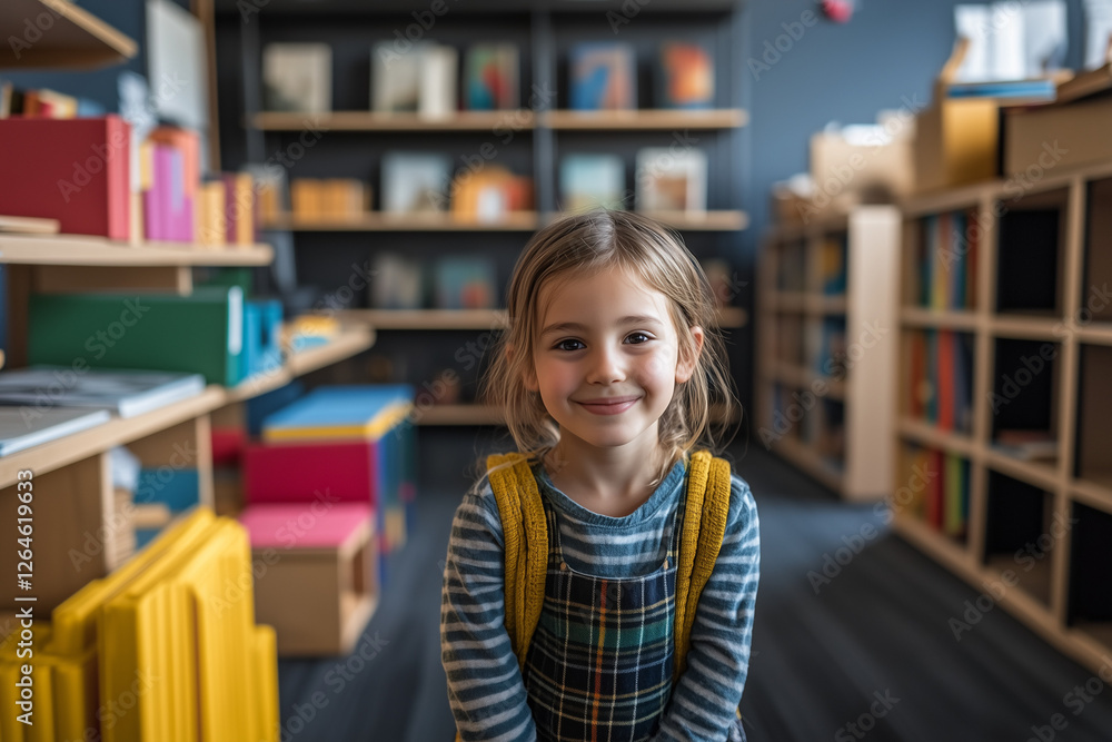 Selective focus student in classroom, Portrait of school student in library. Selective focus student in classroom, Portrait of school student in library.