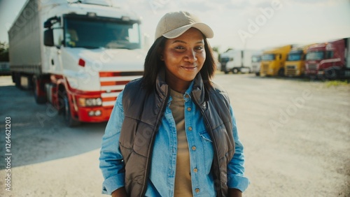 Cute African American woman standing in front of truck parking lot. Looking at camera while smiling. Resting in fresh air. Clear sky with sun shining bright. Morning before trucker departs to location