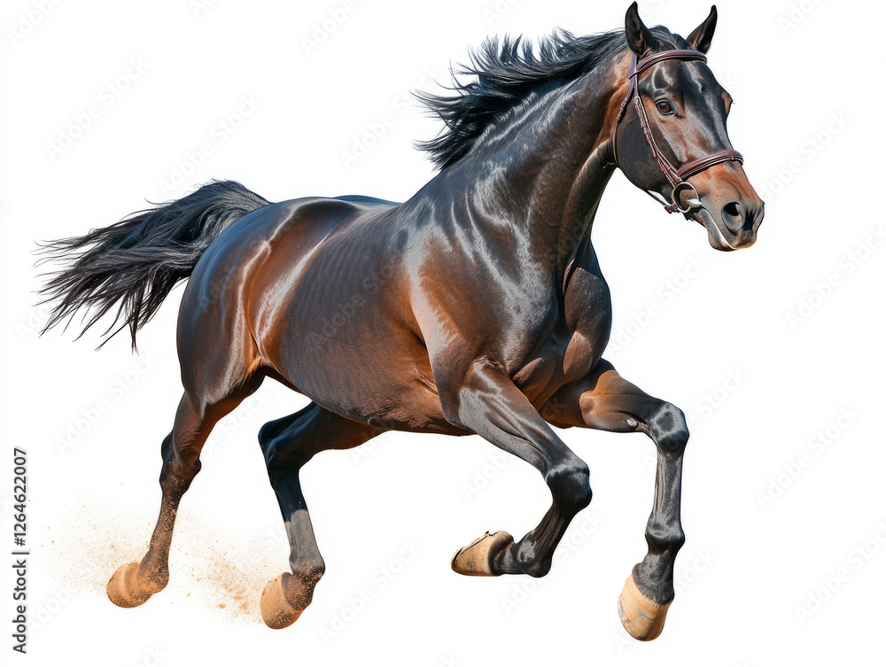 Fototapeta premium Powerful black horse galloping in the sandy arena with a flowing mane against a white background