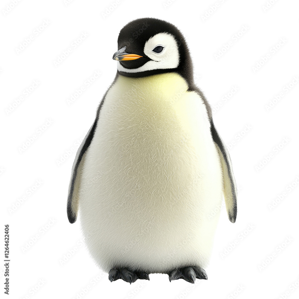 Fototapeta premium Cute juvenile penguin standing upright with fluffy feathers and bright eyes against a simple background in a playful pose