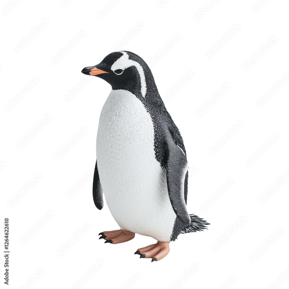 Obraz premium Realistic model of a gentoo penguin standing gracefully on a white background showcasing intricate details and lifelike features