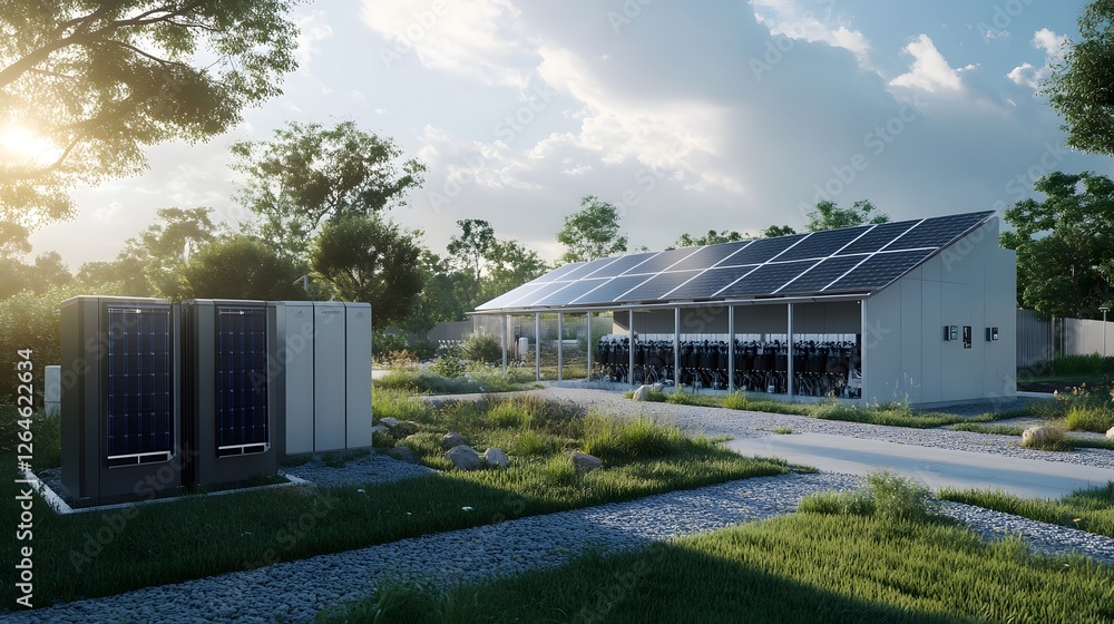 Obraz premium Advanced backup systems handling peak power needs, showcasing battery banks, solar panels, and emergency generators in a high-tech grid