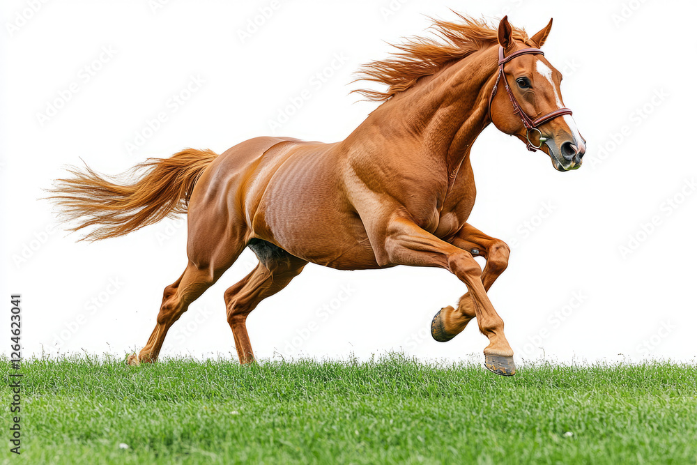 Running chestnut horse with flowing mane on green grass against a white background Running chestnut horse with flowing mane on green grass against a white background