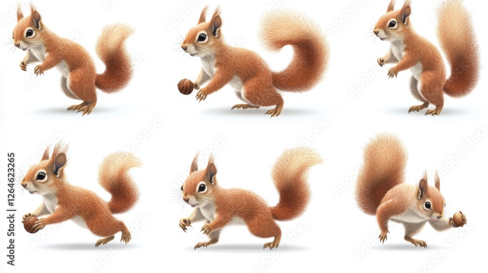 Naklejka premium 79.A collection of detailed vector illustrations of red-tailed squirrels in different poses, including running with an acorn, standing upright, and leaping gracefully, isolated on a clean white