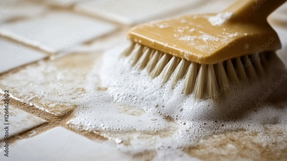A close-up of a scrub brush scrubbing grout between white tiles. A close-up of a scrub brush scrubbing grout between white tiles.