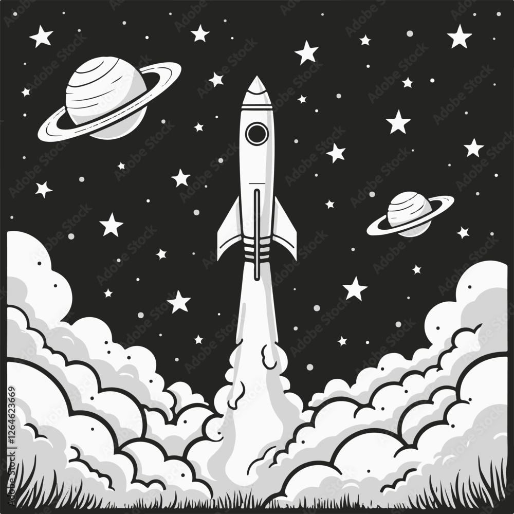 Naklejka premium A rocket takes off into space against the background of the night sky, black and white illustration.