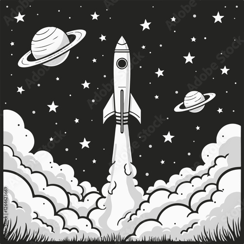 A rocket takes off into space against the background of the night sky, black and white illustration.