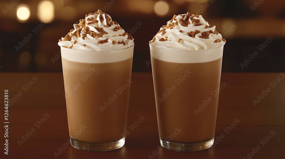 Two Cups of Frozen Coffee Drinks Topped with Whipped Cream and Cookie Crumbs on a Wooden Surface Two Cups of Frozen Coffee Drinks Topped with Whipped Cream and Cookie Crumbs on a Wooden Surface