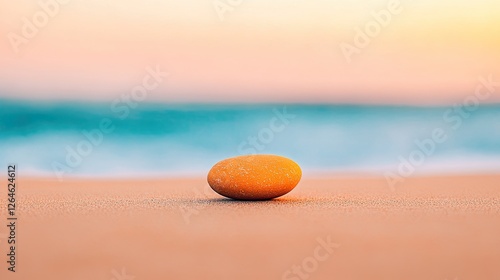 A solitary yellow stone rests on a serene beach at sunset, with gentle waves in the background