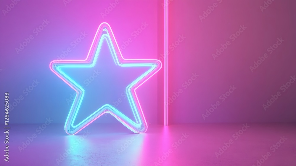 Neon Star Shape Glowing Brightly In Pink Room Neon Star Shape Glowing Brightly In Pink Room