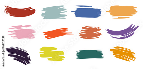 Set of paint brush strokes different shapes and colors. Colorful flat vector hand drawn illustrations isolated on white background