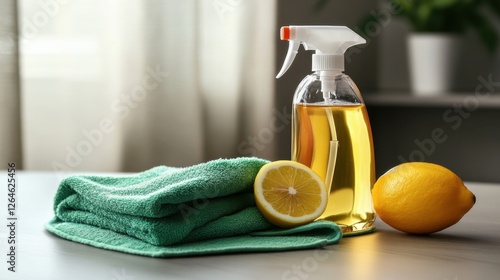 A green microfiber cloth folded beside a lemon-scented cleaning spray.
