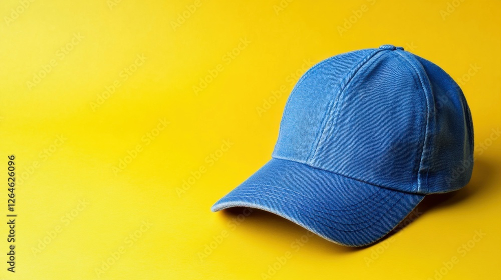 Fototapeta premium Blue Baseball Cap. Stylish Apparel Accessory on Yellow Canvas Background