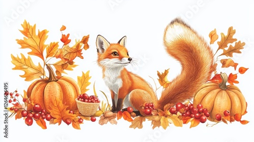 18.A detailed vector art set with autumn essentials, including a fox standing among leaves, a squirrel holding a nut, golden maple leaves, vivid berries, and pumpkins, all isolated on white for photo