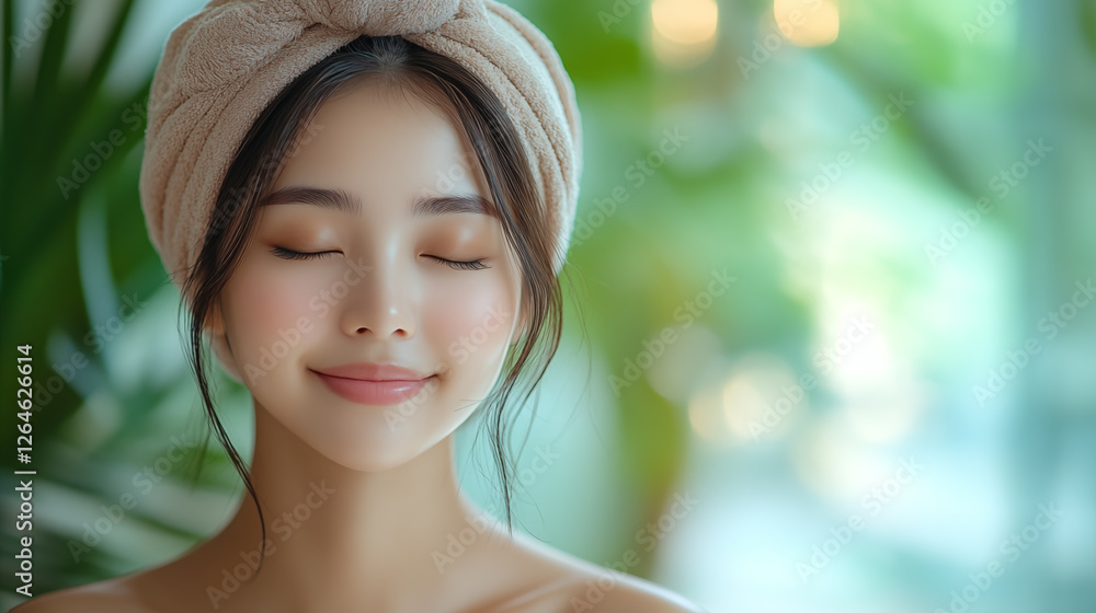 Portrait of beautiful asian woman with towel on head and smile in spa salon Portrait of beautiful asian woman with towel on head and smile in spa salon