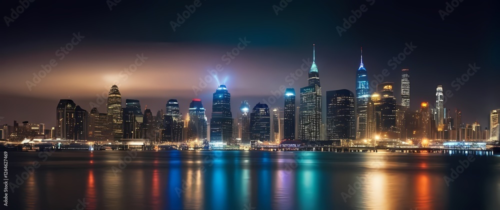Vibrant city skyline illuminated at night with bright lights reflecting off the water inviting the thrill of nightlife adventures Vibrant city skyline illuminated at night with bright lights reflecting off the water inviting the thrill of nightlife adventures