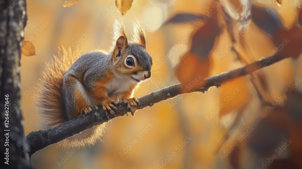12.A fox squirrel perched on a low tree branch, its sharp eyes and prominent ears framed by the soft focus of a golden autumn woodland. 12.A fox squirrel perched on a low tree branch, its sharp eyes and prominent ears framed by the soft focus of a golden autumn woodland.