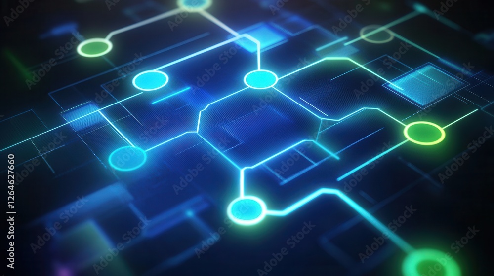 Illuminated Digital Flowchart, vibrant blue and green tones, representing seamless processes and interconnected workflows Illuminated Digital Flowchart, vibrant blue and green tones, representing seamless processes and interconnected workflows