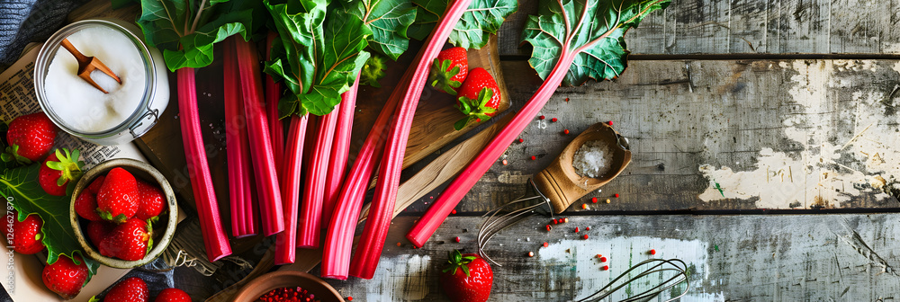 Naklejka premium Preparing a Sweet Rhubarb and Strawberry Recipe from a Vintage Cookbook