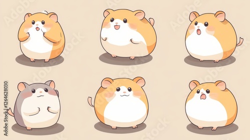 63.A humorous collection of hamster sticker designs with expressions like joy, confusion, embarrassment, and mischief, each hamster styled with round features and soft textures. photo