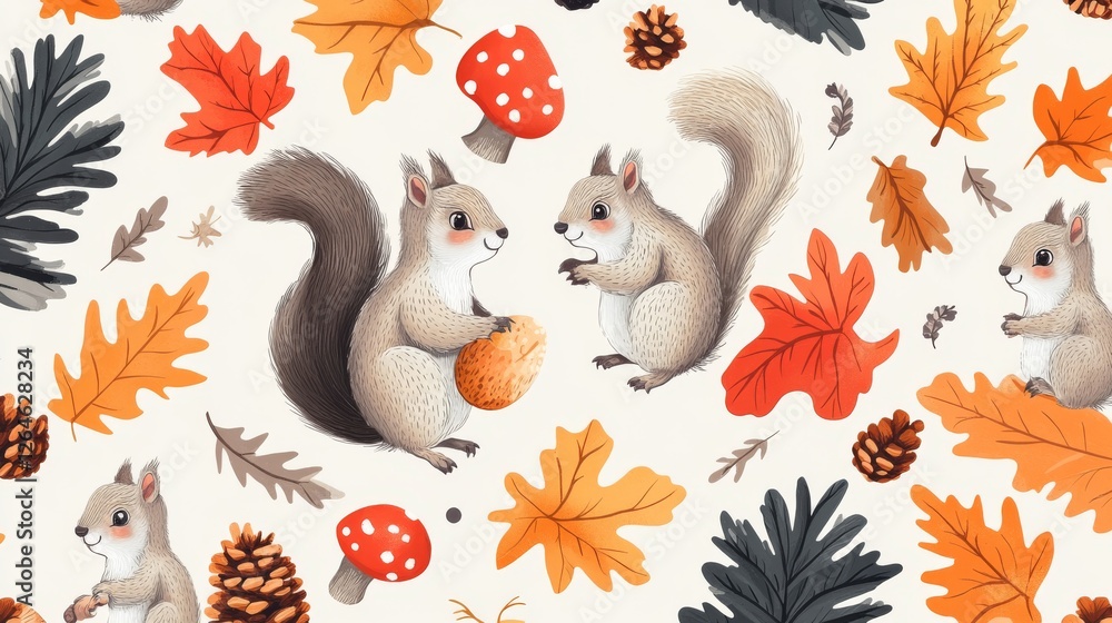 Fototapeta premium 69.A lively pattern of cute squirrels interacting with forest elements like oak leaves, pinecones, and mushrooms, all rendered in vivid colors and soft, rounded shapes for a childlike appeal.