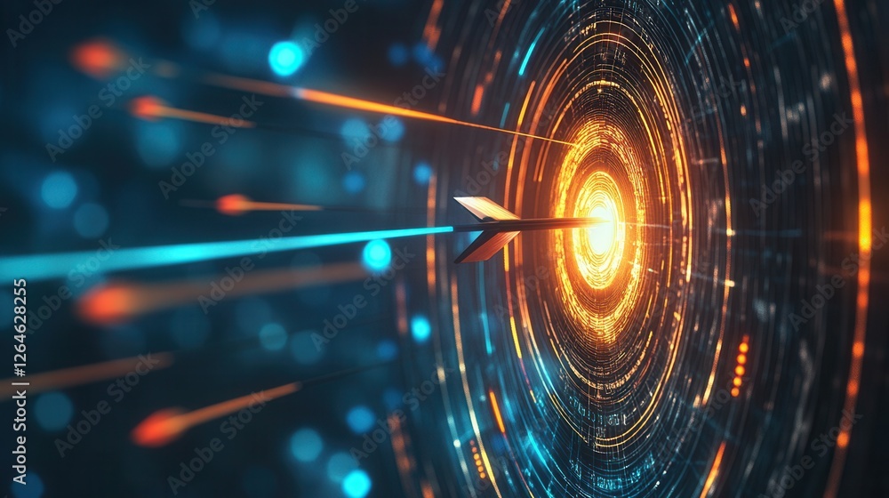 Glowing Arrows Hitting Digital Target Board, vibrant colors, dynamic energy, precision focus, modern design, engaging visual experience