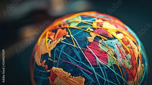 Colorful Yarn Globe Connecting Global Business Hubs, vibrant threads weaving through major cities, symbolizing interconnected trade and commerce.