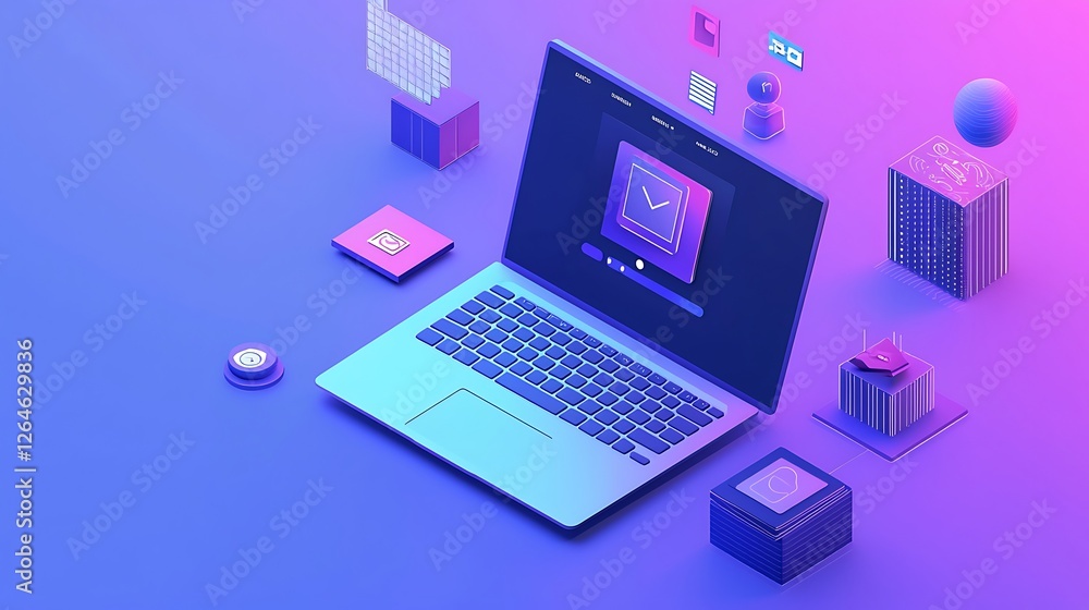 Abstract illustration of laptop with digital icons in vibrant gradient colors and geometric shapes Abstract illustration of laptop with digital icons in vibrant gradient colors and geometric shapes