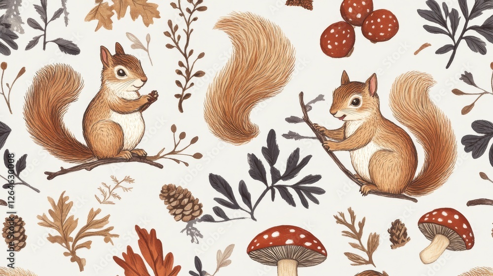 Obraz premium 98.A repeat design showcasing animated squirrels in various poses, surrounded by woodland elements like twigs, pinecones, and mushrooms, creating a soft and natural texture for baby fabrics.