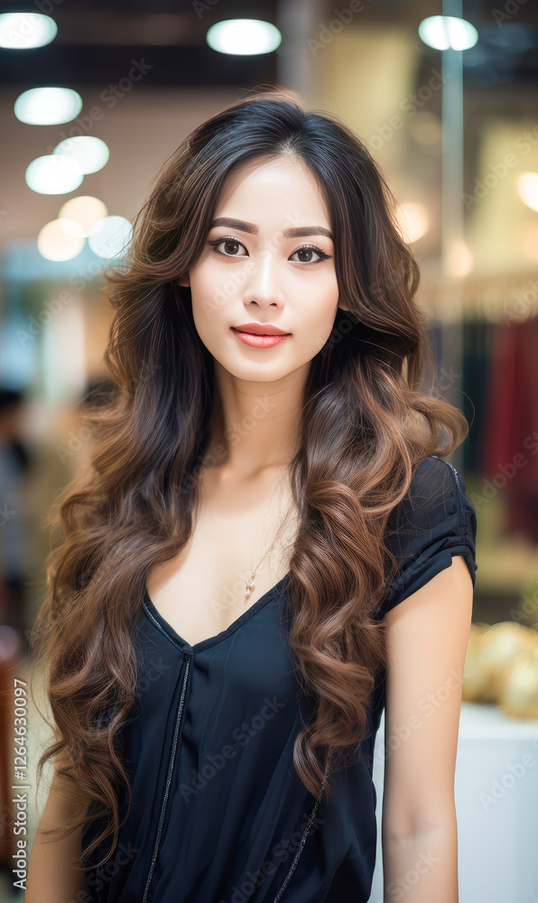Obraz premium Young beautiful woman with shiny hair standing at salon