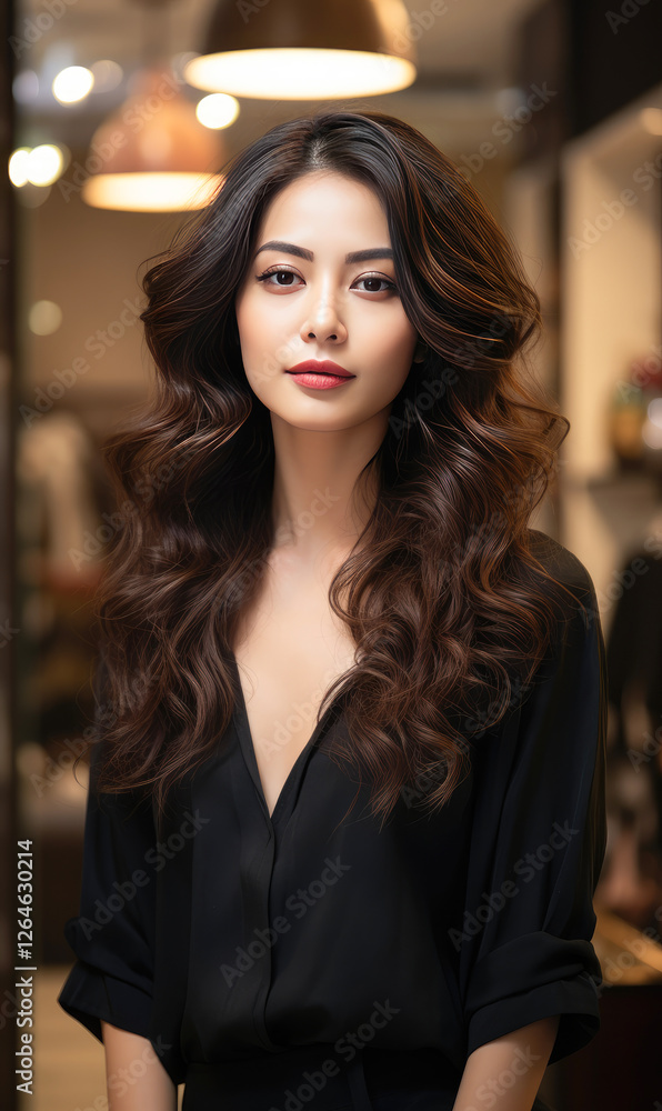Young beautiful woman with shiny hair standing at salon Young beautiful woman with shiny hair standing at salon
