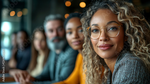 Diverse business team gathered for a professional meeting in a modern office
