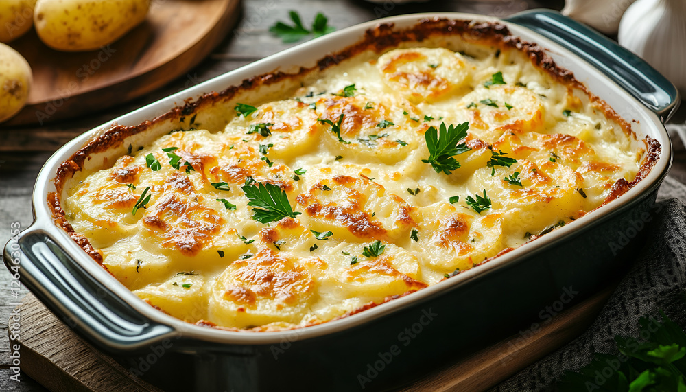 Potato gratin with cream, cheese and parsley in baking dish Potato gratin with cream, cheese and parsley in baking dish