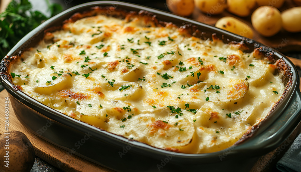 Potato gratin with cream, cheese and parsley in baking dish Potato gratin with cream, cheese and parsley in baking dish
