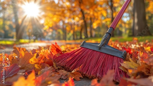 Wallpaper Mural A street-cleaning broom resting next to a pile of fallen leaves. Torontodigital.ca