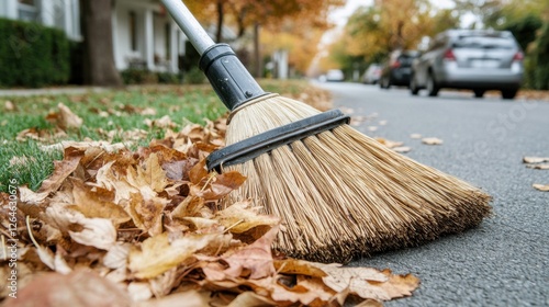Wallpaper Mural A street-cleaning broom resting next to a pile of fallen leaves. Torontodigital.ca