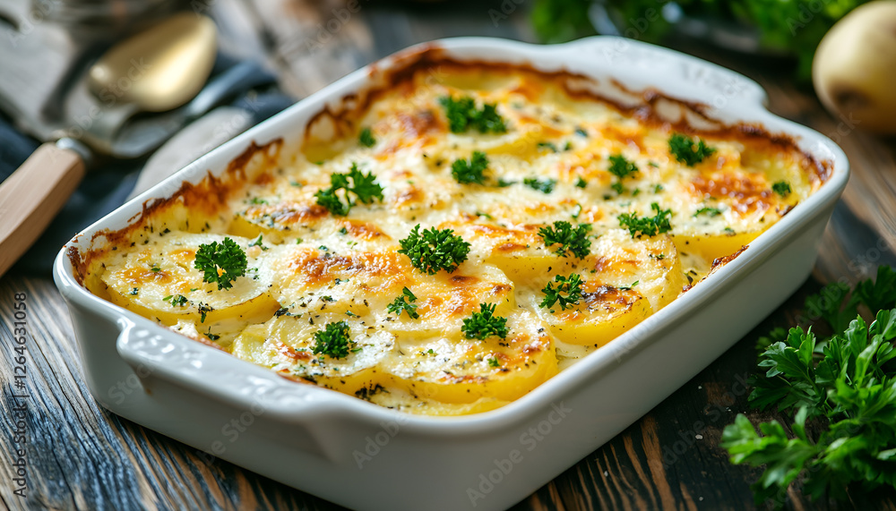Potato gratin with cream, cheese and parsley in baking dish Potato gratin with cream, cheese and parsley in baking dish